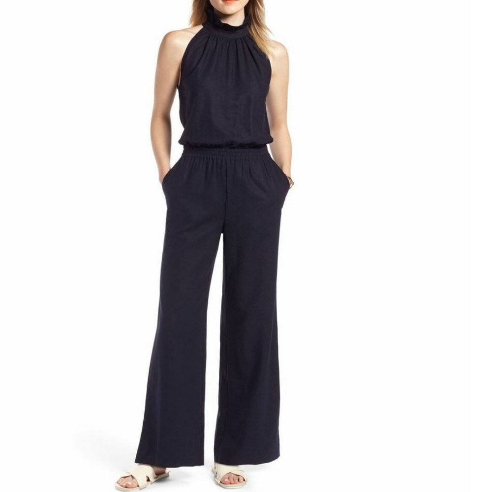 1901 Ruffle Neck Linen Blend Jumpsuit